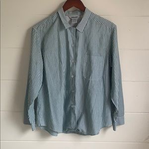 Green and white striped long-sleeve button up
